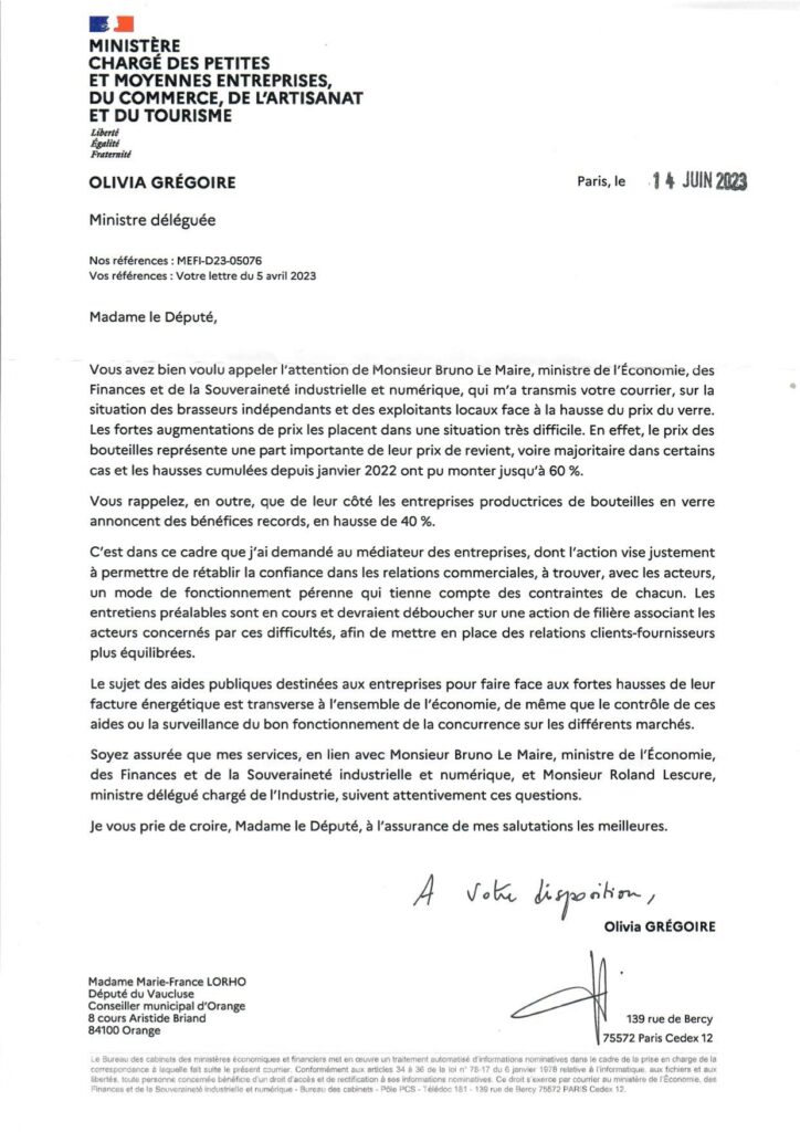courrier de Marie-France Lorho en soutien au brasserie