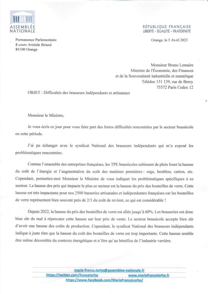 lettre de Marie-France Lorho au sujet du prix du verre